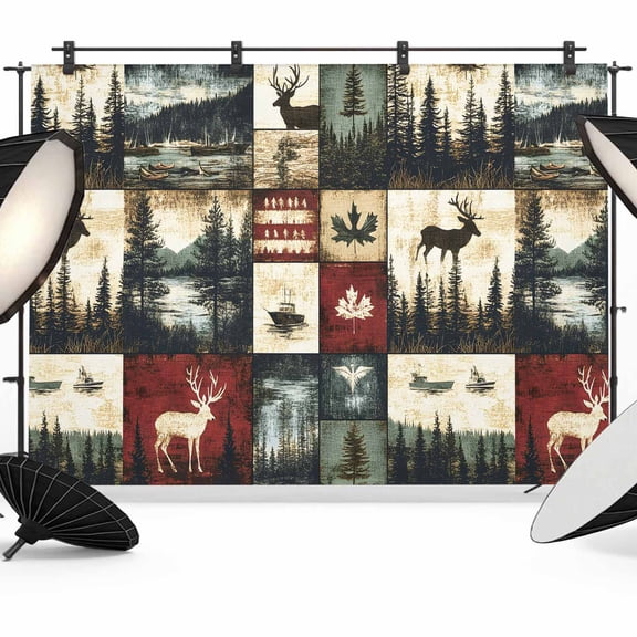 8x6ft Photo Backdrop, Rustic Forest Soft Polyester Backdrop Curtains Photography Backdrops, Reindeer Pine Tree Nautical Boat Retro Brushed Background for Photoshoots Studio Video Portrait Parties
