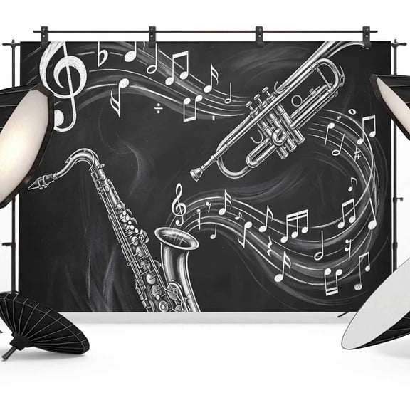 8x6ft Photo Backdrop, Saxophone Music Soft Polyester Backdrop Curtains Photography Backdrops, Modern Jazz Music Notes Black Brushed Background for Photoshoots Studio Video Portrait Parties