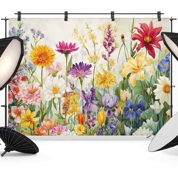 8x6ft Photo Backdrop, Spring Colorful Floral Soft Polyester Backdrop Curtains Photography Backdrops, Yellow Purple Pastoral Flowers Brushed Background for Photoshoots Studio Video Portrait Parties
