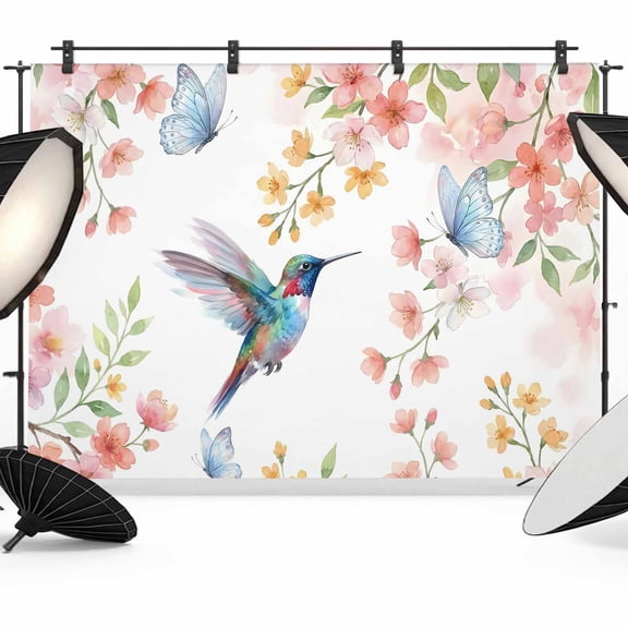 8x6ft Photo Backdrop, Spring Hummingbird Soft Polyester Backdrop Curtains Photography Backdrops, Cherry Floral Butterflies Botanical Brushed Background for Photoshoots Studio Video Portrait Parties
