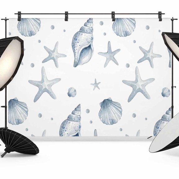 8x6ft Photo Backdrop, Summer Nautical Soft Polyester Backdrop Curtains Photography Backdrops, Ocean Seashells Starfish Starfish Simple Gray Brushed Background for Photoshoots Studio Video Portrait