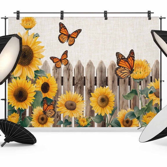 8x6ft Photo Backdrop, Summer Sunflowers Soft Polyester Backdrop Curtains Photography Backdrops, Rustic Floral Fence Farmhouse Butterflies Brushed Background for Photoshoots Studio Video Portrait