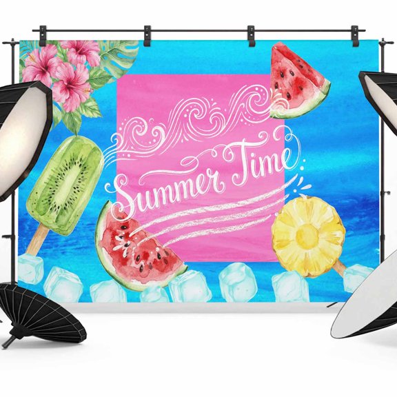 8x6ft Photo Backdrop, Summer Time Soft Polyester Backdrop Curtains Photography Backdrops, Watermelon Fruits Popsicles Flowers Ice Cubes Brushed Background for Photoshoots Studio Video Portrait Party