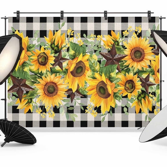 8x6ft Photo Backdrop, Sunflower Soft Polyester Backdrop Curtains Photography Backdrops, Rustic Brown Country Star Black Checkered Brushed Background for Photoshoots Studio Video Portrait Parties