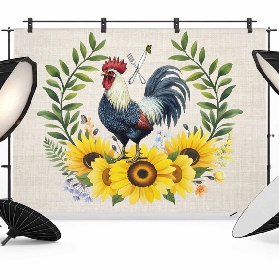 8x6ft Photo Backdrop, Sunflowers Rooster Soft Polyester Backdrop Curtains Photography Backdrops, Watercolor Leaves Retro Art Rustic Brushed Background for Photoshoots Studio Video Portrait Parties