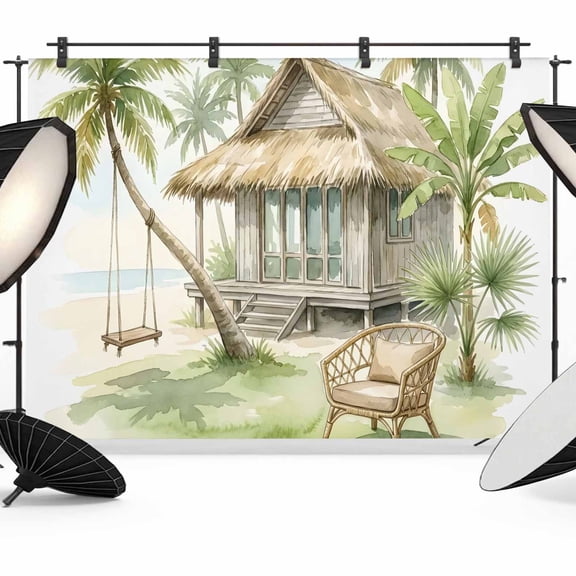 8x6ft Photo Backdrop, Tropical Beach Cabin Soft Polyester Backdrop Curtains Photography Backdrops, Palm Tree Coastal Plants Rustic Hut Brushed Background for Photoshoots Studio Video Portrait Parties