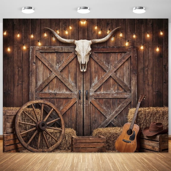8x6ft Polyester Photography Backdrop Western Cowboy Rustic Barn Wood Steer Skull Wagon Wheel Guitar Hay Bales String Lights Background Party Decoration Studio Photo Booth