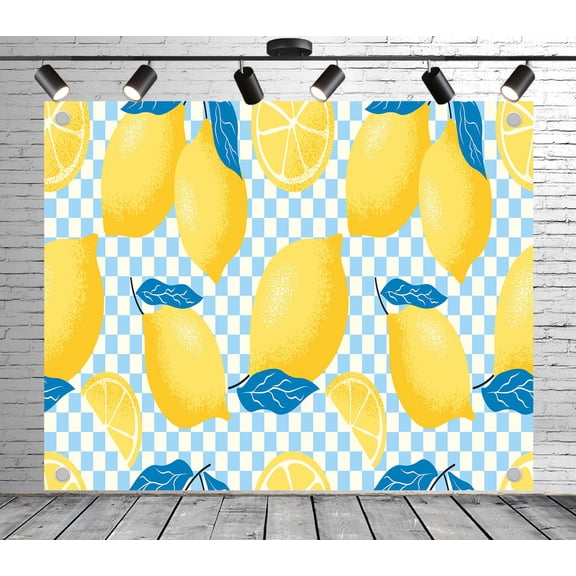 8x6ft Summer Backdrop Lemon and Checkered Pattern Photo Backdrop Tropical Background Decoration Banner for Theme Party Wedding Birthday Baby Shower Photo Booth Studio Props