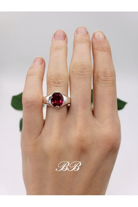 8x6mm - 10x8mm Mens Oval Cut Ring, Lab Created Red Ruby, Sterling Silver,