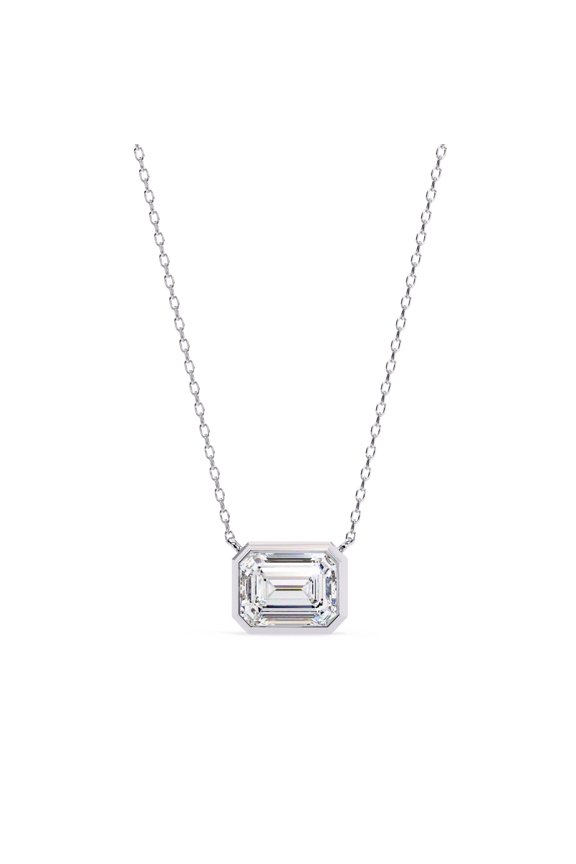 Bezel Set Emerald Cut Moissanite Necklace Pendants, Sterling Silver