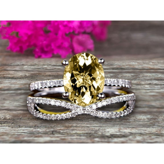 8x6mm Oval Cut 2.50 Carat Champagne Diamond Moissanite Engagement Ring Set Solid 10K White Gold Promise Ring Bridal Gift