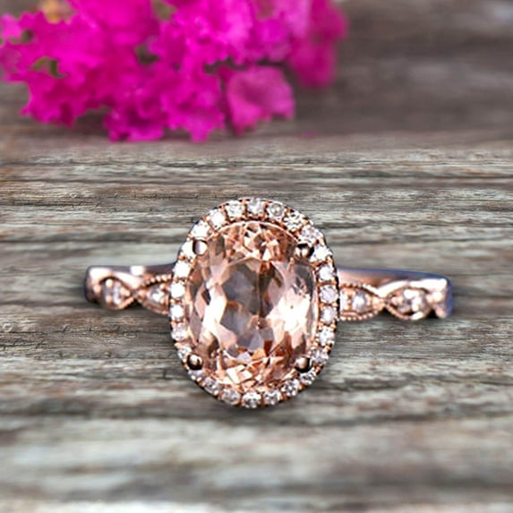 8x6mm Oval Cut 2 Carat Morganite Engagement Ring Solid 10k Rose Gold Moissanite Halo Anniversary Ring
