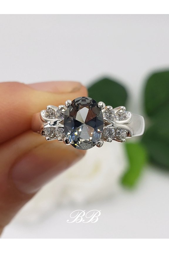 8x6mm Oval Cut Lab Simulated Gray Spinel, Multi-Stone Ring, Choice of Accent Stones, Sterling Silver