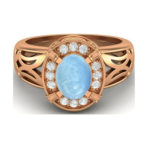 8x6mm Oval Larimar 925 Sterling Silver Rose Vermeil Filigree Celtic Women Valentines Day Gifts Ring