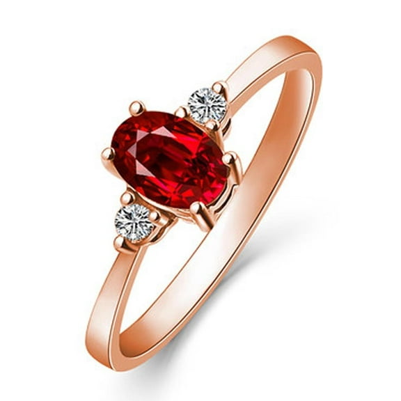 8x6mm Oval Shape 1.5 Carat Trilogy Red Ruby And Moissanite Diamond Engagement Ring in 10k Rose Gold
