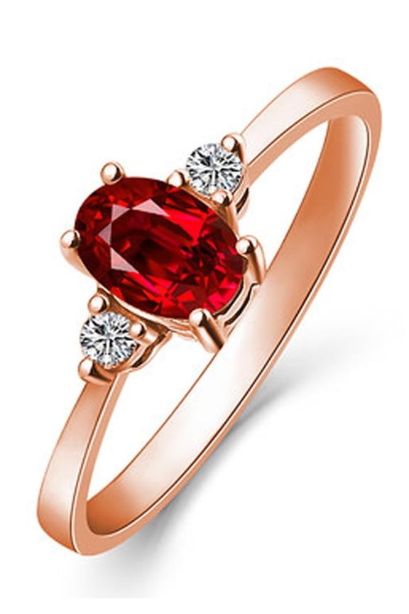 8x6mm Oval Shape 1.5 Carat Trilogy Red Ruby And Moissanite Diamond Engagement Ring in 10k Rose Gold