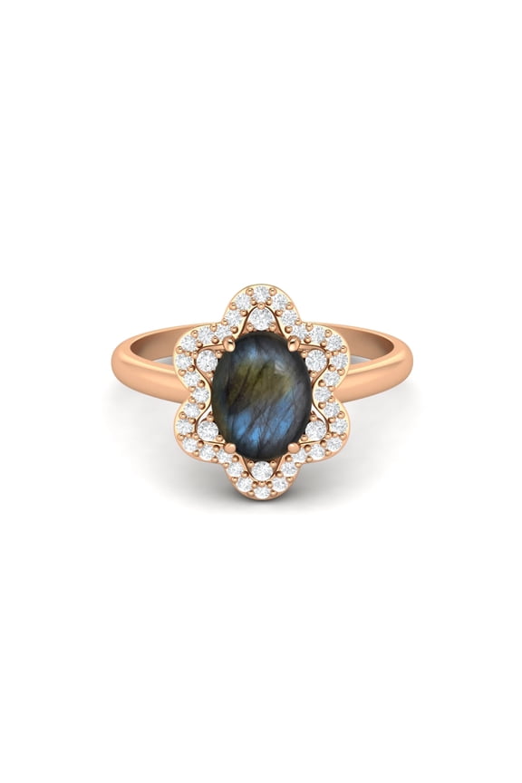 8x6mm Oval Shape Labradorite 925 Sterling Silver Rose Plated Engagement Women Ring
