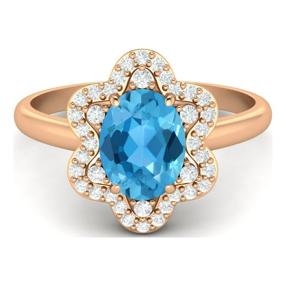 8x6mm Oval Swiss Blue Topaz 925 Silver Rose Plated Engagement Women Valentines Day Gifts Ring