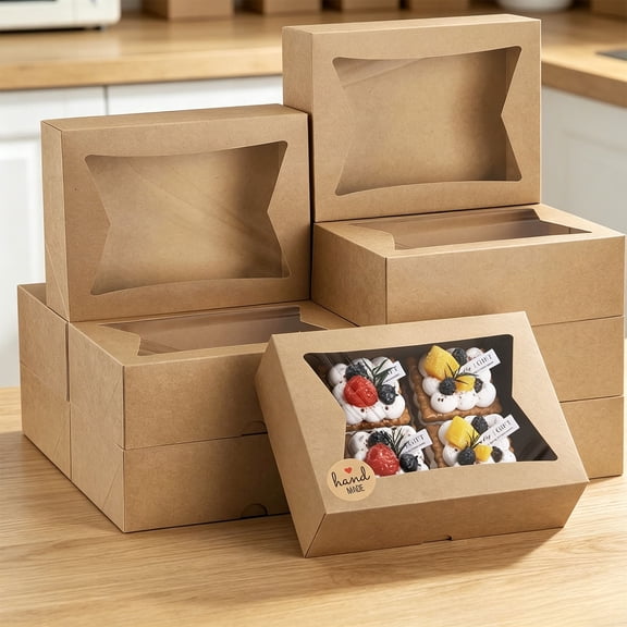 8x6x2.5in Kraft Bakery Boxes with Clear Window + Handmade Stickers, Foldable Pastry Containers for Cookies, Mini Desserts, Caf Takeout and Party Gift Packaging