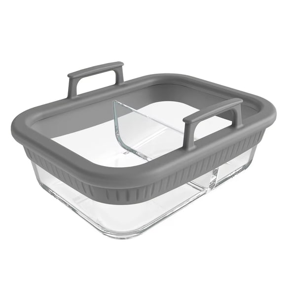 8x6x3 Inchs Air Fryer Glass Baking Tray, Dual Compartment Borosilicate Glass Baking Dish Heat Resistant Transparent Oven Tray for Cooking Roasting, Replacement Glass Pan, Gray