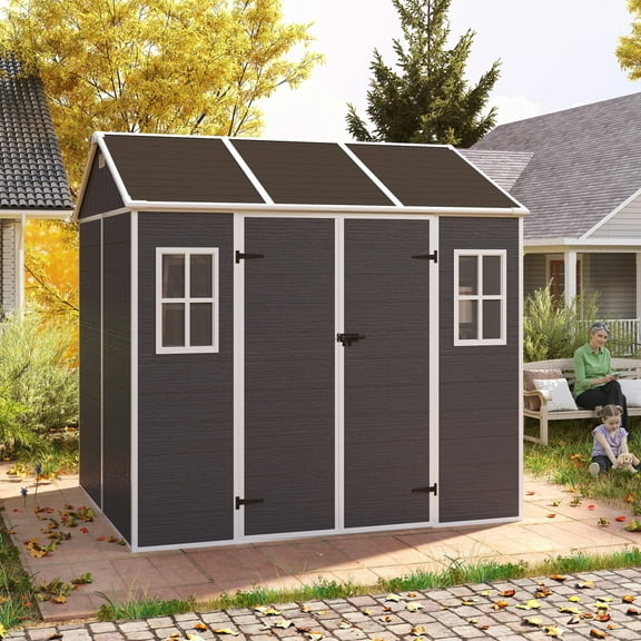 8x7 FT Outdoor Resin Storage Shed with Floor, Waterproof Garden Sheds with Windows and Lockable Door, Storage Shed  for Patio, Backyard (Dark Gray)