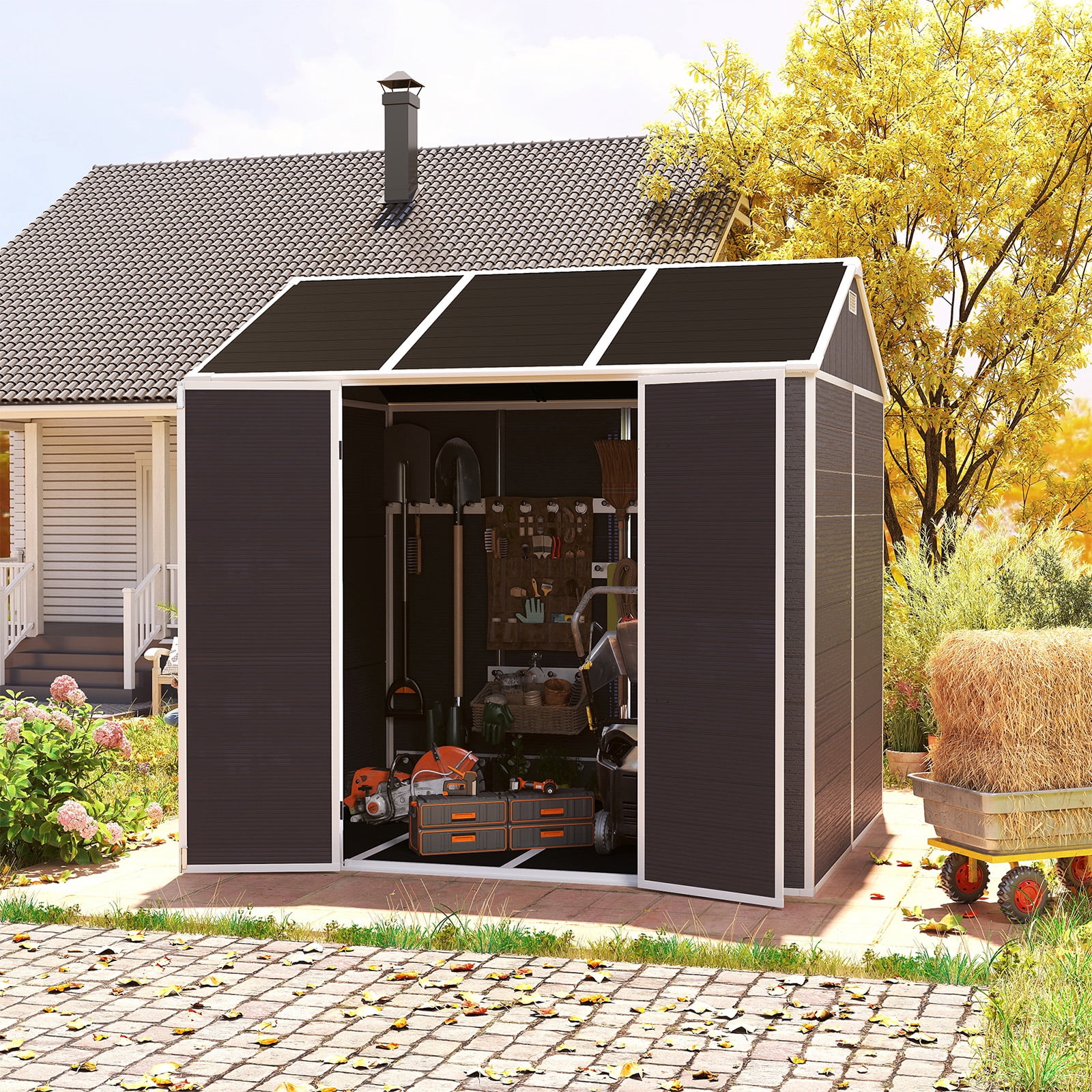 8x7 FT Resin Outdoor Storage Shed, Waterproof Plastic Garden Shed, Large Storage Space, Lockable Doors & Windows, Plastic Tool Shed, 12mm Thick PP Board (4X8 FT)
