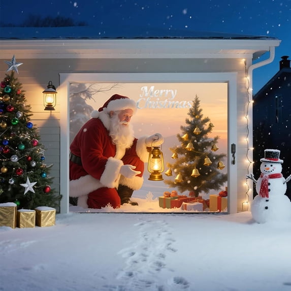 8x7ft Large Christmas Garage Door Banner Decorations, Santa Claus Tree Gift Box Waterproof Outdoor Holiday Cover for Home Yard Fence, Party Photo Backdrop Reusable