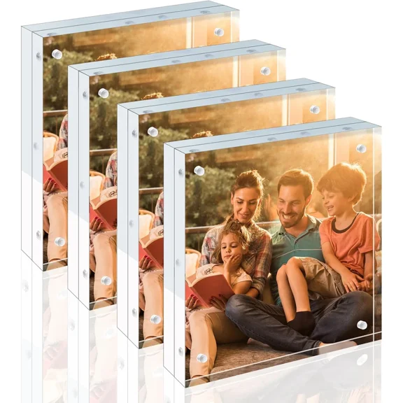 8x8 Acrylic Frame 4 Pack, 20mm Thicker Frameless Clear Picture Frame, Double Sided Magnetic Picture Frame, Free Standing Desktop Display 4 8x8