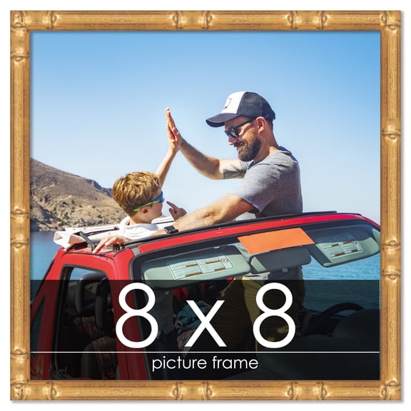 8x8 Gold Thin Bamboo Picture Frame - UV Acrylic, Foam Board Backing, Hanging Hardware
