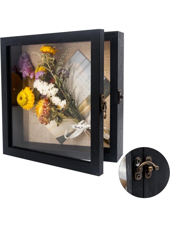 8x8 Black Wood Shadow Box Frame with Glass Window and Metal Lock – Display Case for Awards, Medals, Photos, Memorabilia