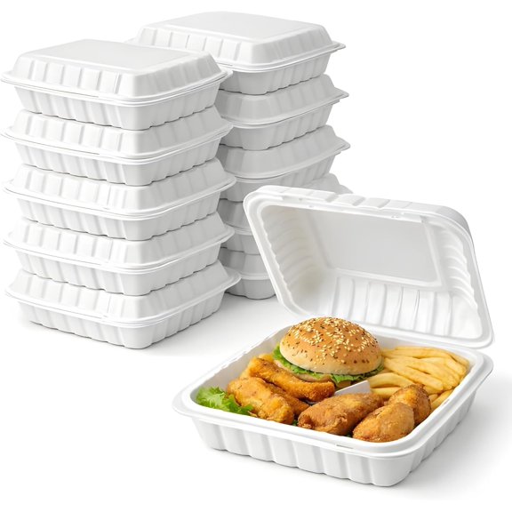 8x8 Clamshell Take Out Food Containers, 50 Pack, Disposable Polypropylene Food Storage Containers Hinged with Lids, White, BPA Free, Leakproof, 1 Compartment