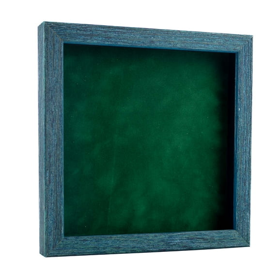 8x8 Distressed Blue Shadowbox Frame - Interior Size 8x8 with 1" Usable Depth - Forest Green Acid-Free Suede Backing