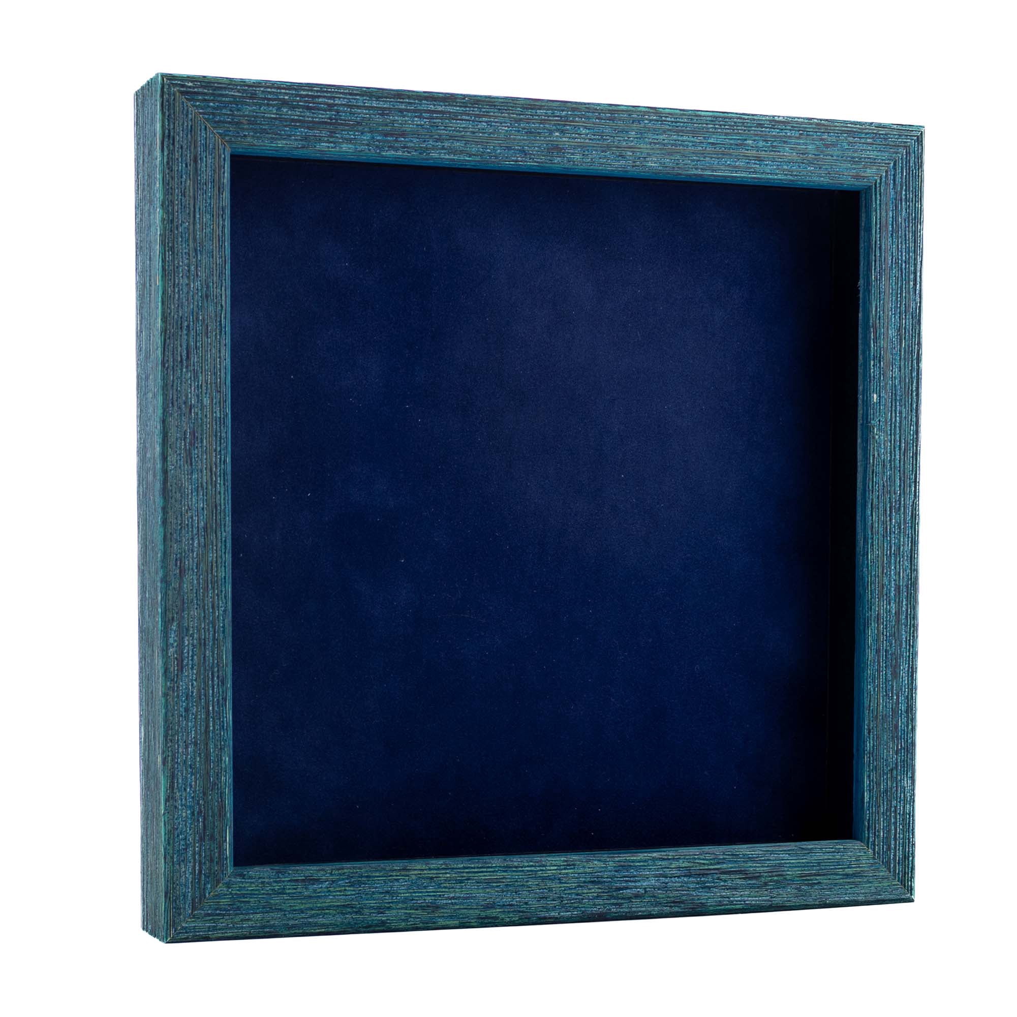 8x8 Shadow Box Frame - 1" Deep, Black Wood, Navy Blue Suede Backing, Shatter-Resistant Acrylic
