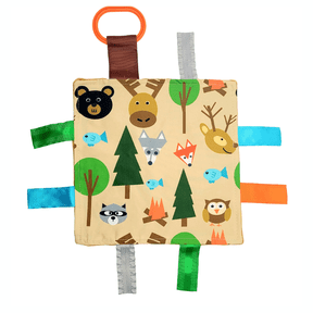 Baby Jack & Co 8x8" Forest Lovey Tag Sensory Toy with Clip - Crinkle Plush - Sewn Ribbons No Loops - Tummy Time & Teething Soother - Learn Shapes & Colors - Newborn to Preschool
