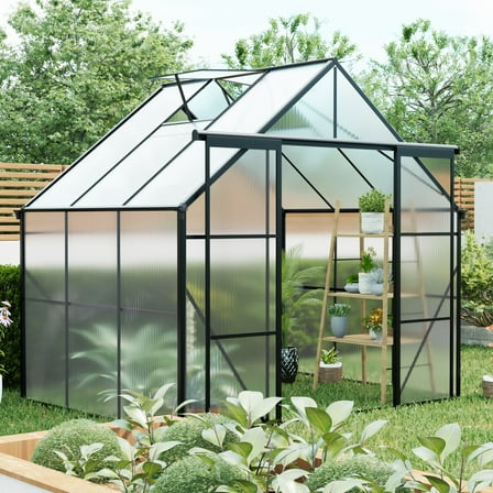 8X6FT-Black Double Door Polycarbonate Greenhouse Raised Base and Anchor Aluminum Heavy Duty Walk-in Greenhouses for Outdoor Backyard in All Season