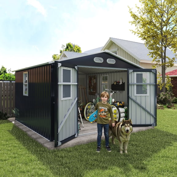 8x8 FT Outdoor Storage Shed, Metal Garden Tool Shed with Windows and Lockable Doors, Updated Frame Bike Shed with Slooping Roof and Air Vents, Dark Grey