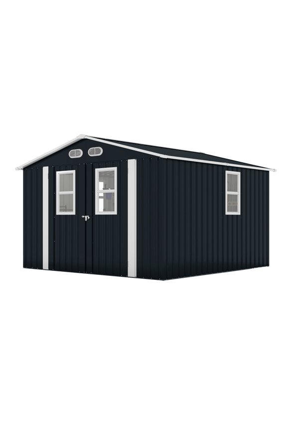 8x8 FT Outdoor Storage Shed with Protective Film & 4 Daylight Windows, Lockable Dark Gray Shed