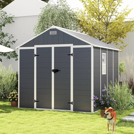 8x8 FT Polypropylene Storage Shed – Heavy-Duty Waterproof Garden Shed with HD Window & Lockable Door – Dark Gray