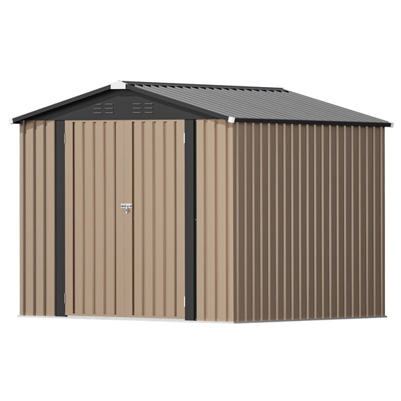 8x8 FT Shed Outdoor Storage Shed, Metal Shed with Lockable Doors & Slooping Roof Garden Tool Shed for Backyard, Brown