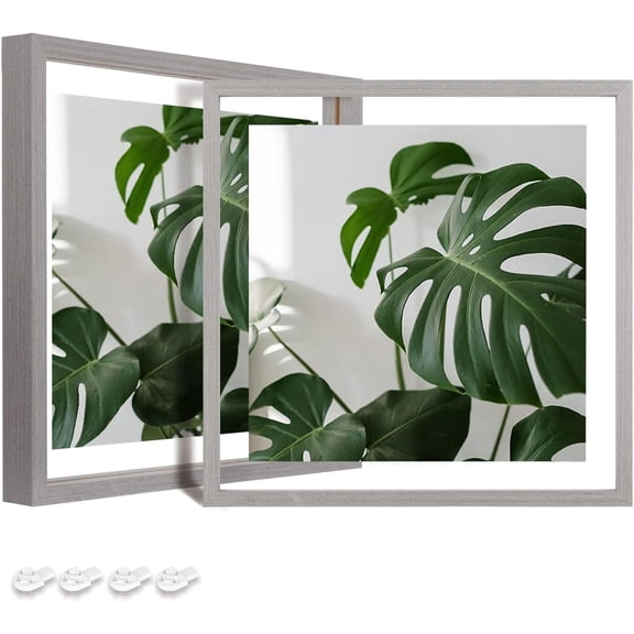 8x8 Floating Frames Set of 2, Double Plexiglass Picture Frame, Made of Solid Wood Display Any Size Photo up to 8x8, Wall Mount or Tabletop Standing, Light Grey