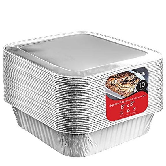 8x8 Foil Pans with Lids (10 Pack) 8 Inch Square Aluminum Pans with Covers - Foil Pans and Foil Lids - Disposable Food Containers Great for Baking Cake, Cooking, Heating, Storing, Prepping Food