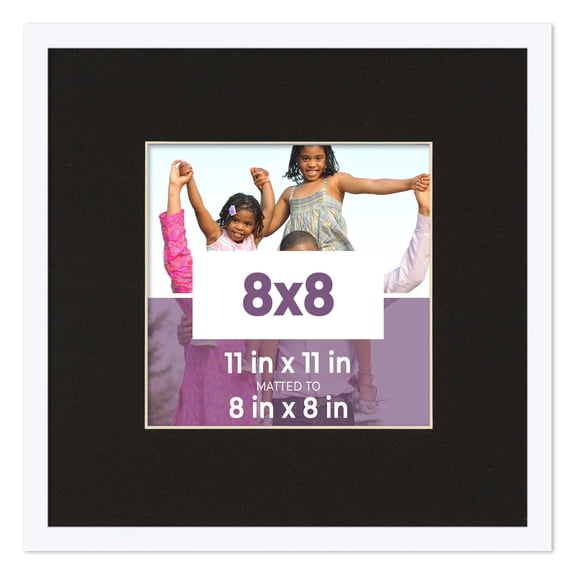 8x8 Frame White With Black Picture Mat For 8x8 Photo - White 11x11 Frame To Display Print or Poster