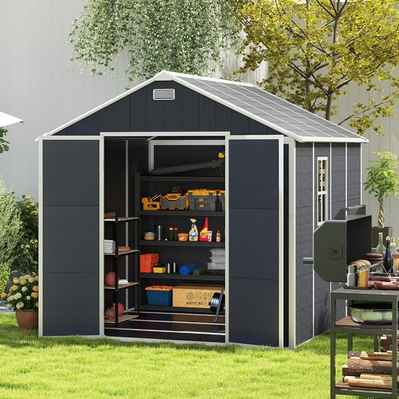 8x8 Ft Plastic Storage Shed, Resin Outdoor Storage Shed, Garden Tool Sheds Weatherproof for Store Patio Furniture, Garden Tools Bike Accessories, Beach Chairs and Lawn Mower, Black