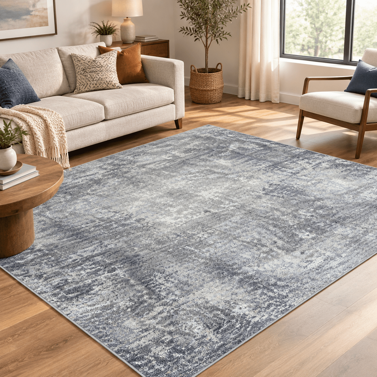 8x8 Ft Square Living Room Rug - Washable Modern Neutral Abstract Area ...