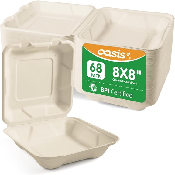8x8 Inch 68 Pack Compostable Clamshell Take Out Food Containers, Disposable Paper To Go Boxes with Lids, Heavy Duty Sugarcane Bagasse Containers for Meals & Takeout, Natural