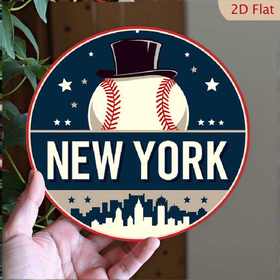 8x8 Inch Aluminum Vintage New York Baseball Wall Art, Round 2D Flat Sign with Manhattan Skyline, Stars Red Stitch Detailing, Mother's Day Father's