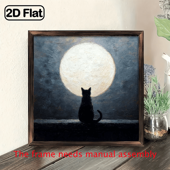 8x8 Inch Black Cat Staring at Full Moon Wall Art - Framed Wooden Decorative Sign for Living Room, Bedroom, or Home Decor - Perfect for Christmas, New Year, Valentine'S Day, St Patrick'S Day, Easte