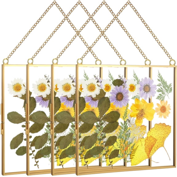 8x8 Inch Double Square Metal Floating Picture Frame, Clear Wall Hanging Pressed Flower Art Display, 4 Pack