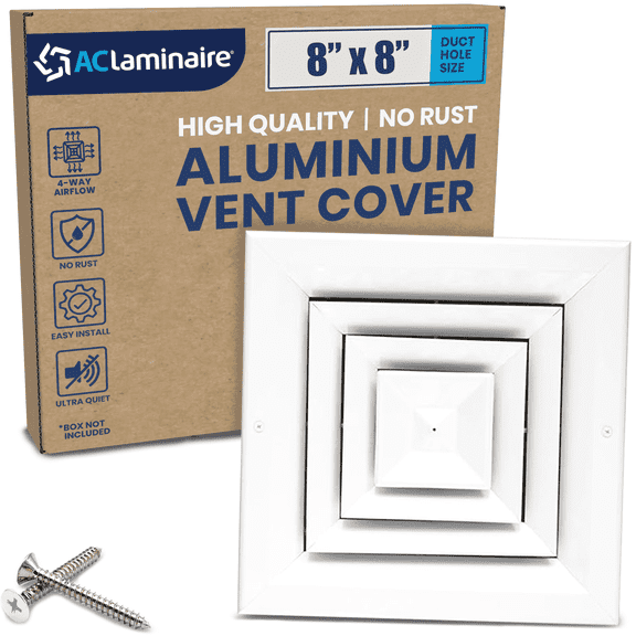 8x8 Inch Extruded Aluminum Air Vent Cover - 4-Way HVAC Ceiling Diffuser, 1 Piece