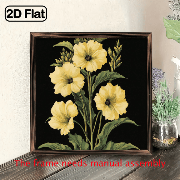 8x8 Inch Elegant Summer Floral Wall Art with Wooden Frame - Vibrant Yellow Flowers on Black Background, Perfect for Living Room, Kitchen, Bedroom, Laundry, Bathroom - Ideal Mother'S Day Gift